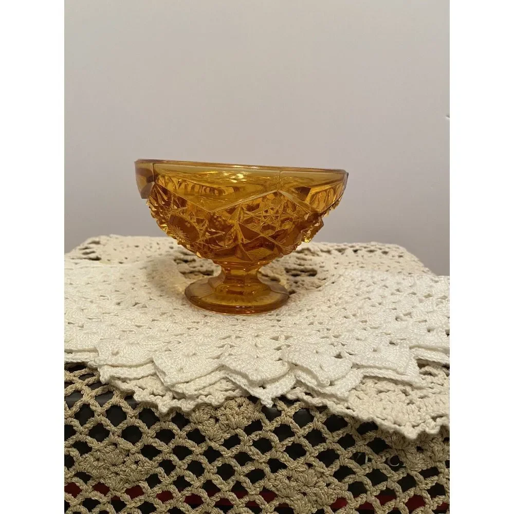 Vintage Kemper Amber Gold Pedestal Candy dish hobnail starburst pattern